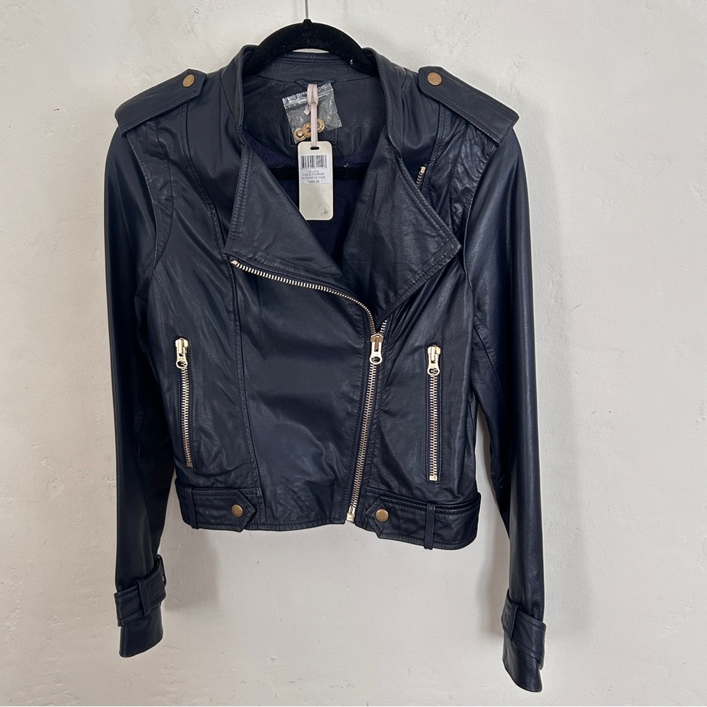 Kookai Paris Genuine Leather Biker Jacket Navy Blue Size 38 New With Tags